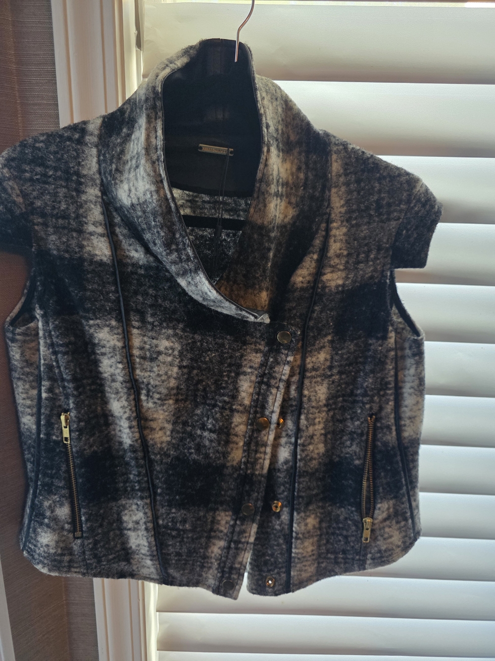Rebecca Minkoff Sleeveless Plaid Funnel-Neck Vest Jacket - Black & Gray